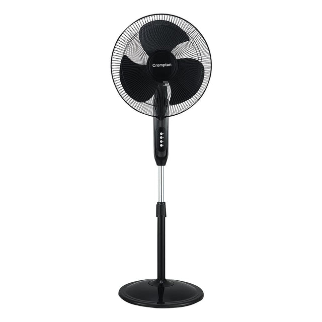 A Crompton Pedestal fan with White background and in black colour pedestal fans