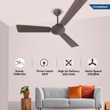 A Crompton Ceiling fan has A sweep Size 1200mm with 55w power inputs , high air delivery and with high speed motor speed of 370 RPM