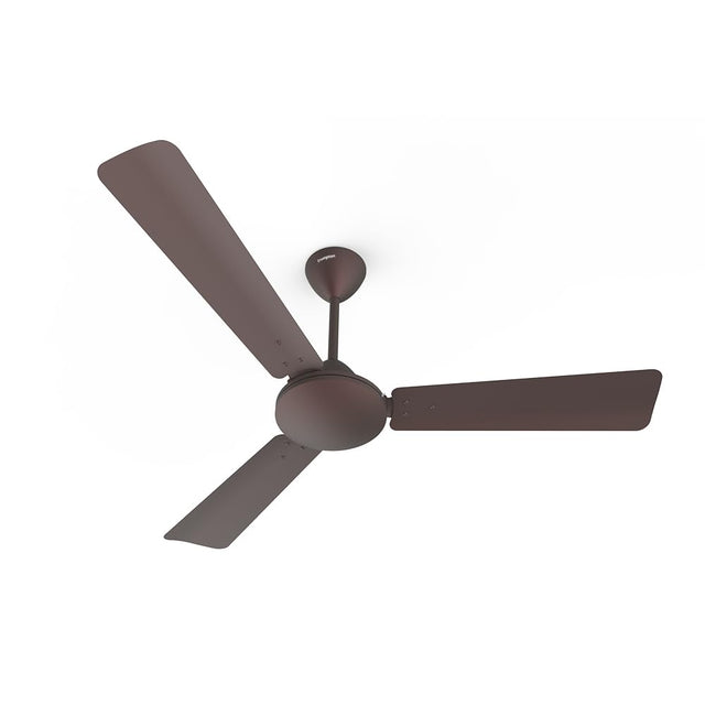 A Crompton Jura Prime 1200 mm ceiling fan with Irish Coffee finish, featuring three blades and a central motor unit, against a white background.