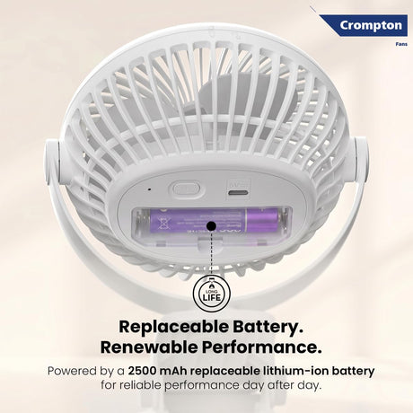 Crompton fan with replaceable battery feature on a beige background