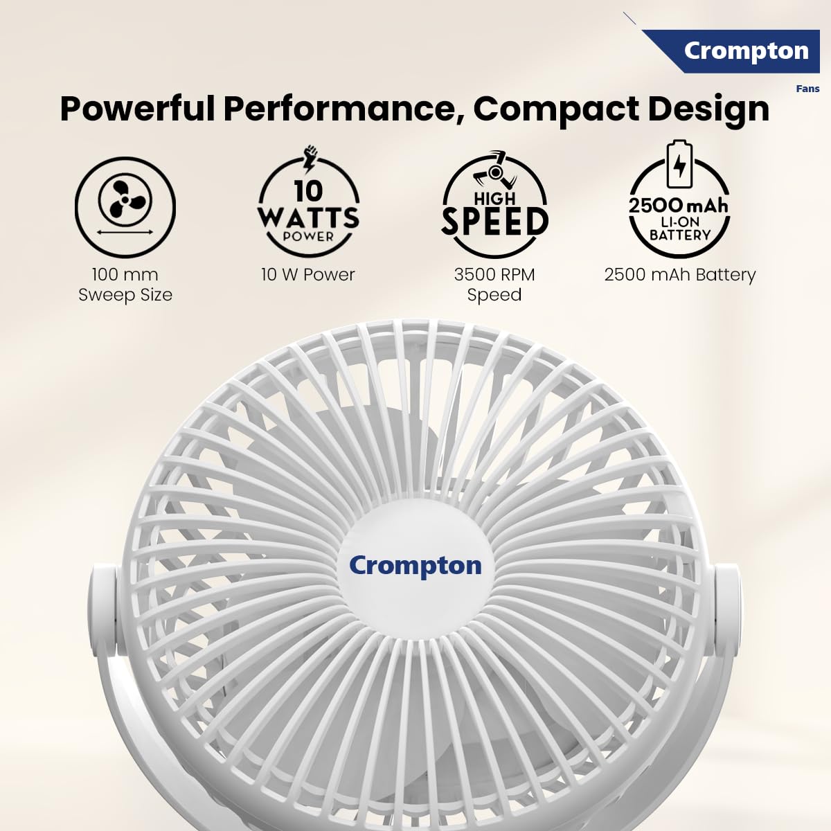 Crompton fan with specifications on a beige background