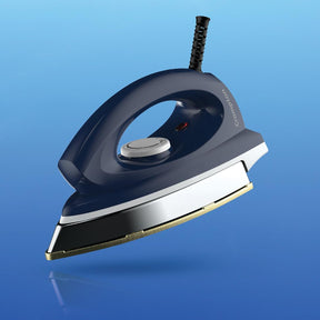 A Crompton Rhino Plus 1250W Dry Iron with a blue handle and a silver body on a blue background.