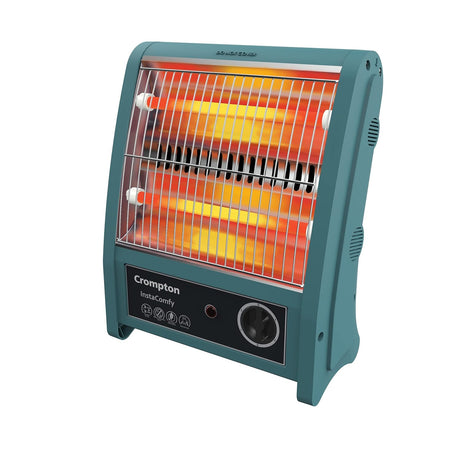 A Crompton Insta Comfy 800 Watt Quartz Room Heater in grey and blue colors with a visible heating element.