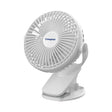 White clip fan with 'Crompton' branding on a white background