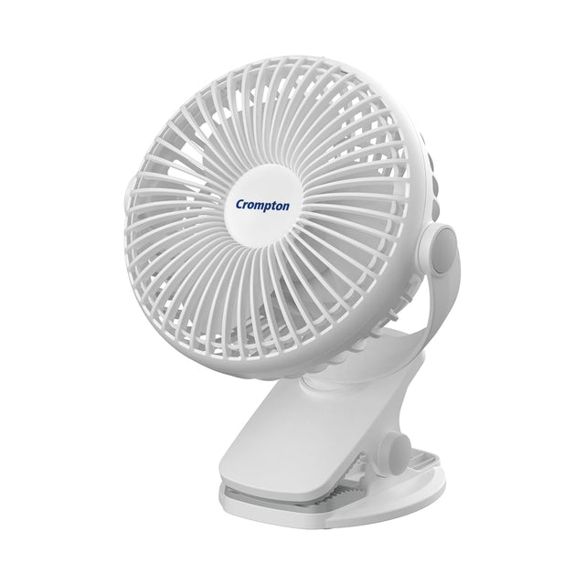 White clip fan with 'Crompton' branding on a white background