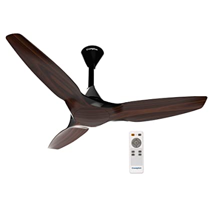 A remote-controlled ceiling fan with a chestnut wood finish, featuring a minimalist design and a black control unit.