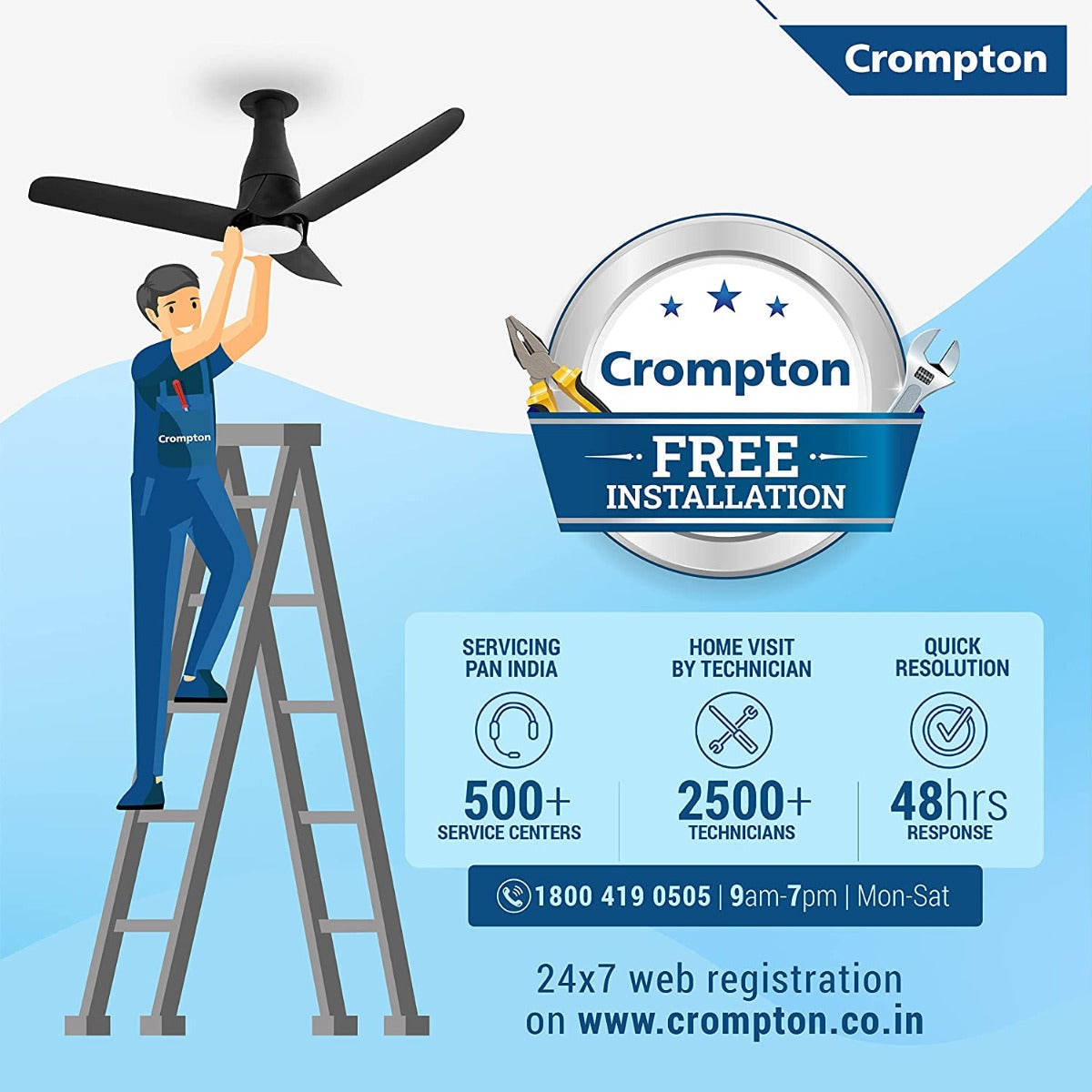 A crompton ceiling fan has servicing pan India , Home vosot by technician and Quick resolution 