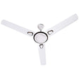 Ceiling fan with four blades in a white color, featuring a central motor unit with a control knob.