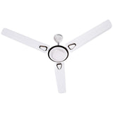 Ceiling fan with four blades in a white color, featuring a central motor unit with a control knob.