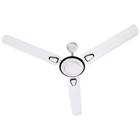 Ceiling fan with four blades in a white color, featuring a central motor unit with a control knob.