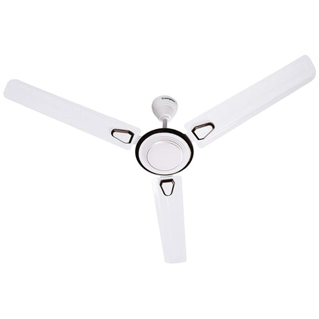 Ceiling fan with four blades in a white color, featuring a central motor unit with a control knob.