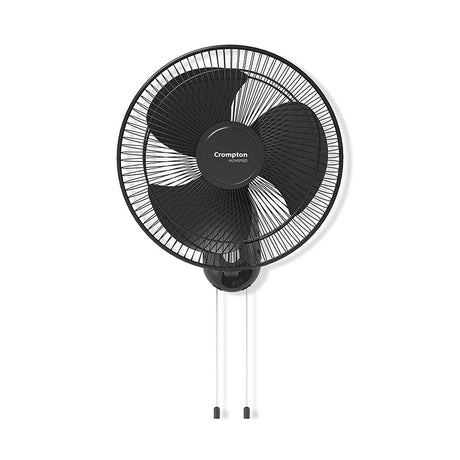 Black wall-mounted fan with 'Crompton' branding on a white background