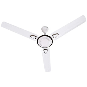White ceiling fan with three blades on a white background
