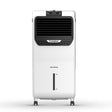 A white and black Crompton Jedi PAC Personal Air Cooler with a capacity of 35 liters, featuring a front grille, control panel, and wheels at the base.