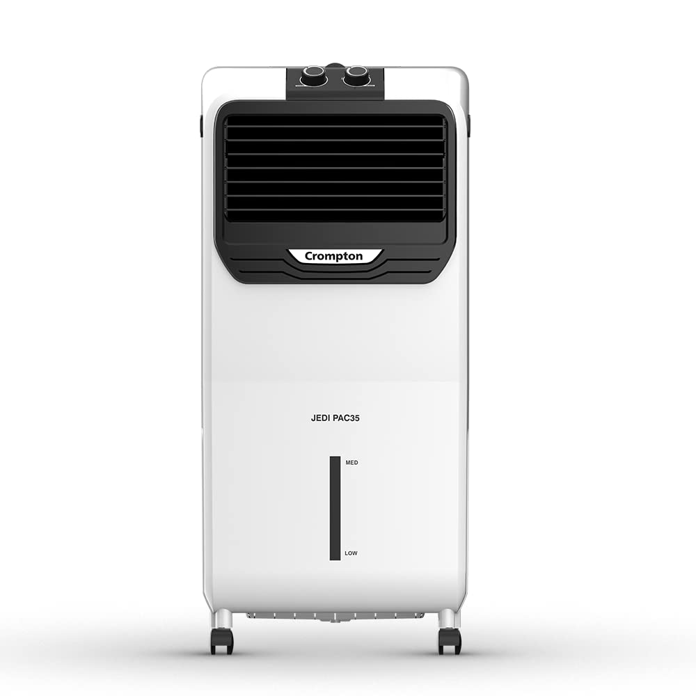 A white and black Crompton Jedi PAC Personal Air Cooler with a capacity of 35 liters, featuring a front grille, control panel, and wheels at the base.