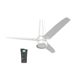 A 1200mm BLDC ceiling fan in pristine white with a remote control.