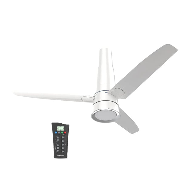 A 1200mm BLDC ceiling fan in pristine white with a remote control.