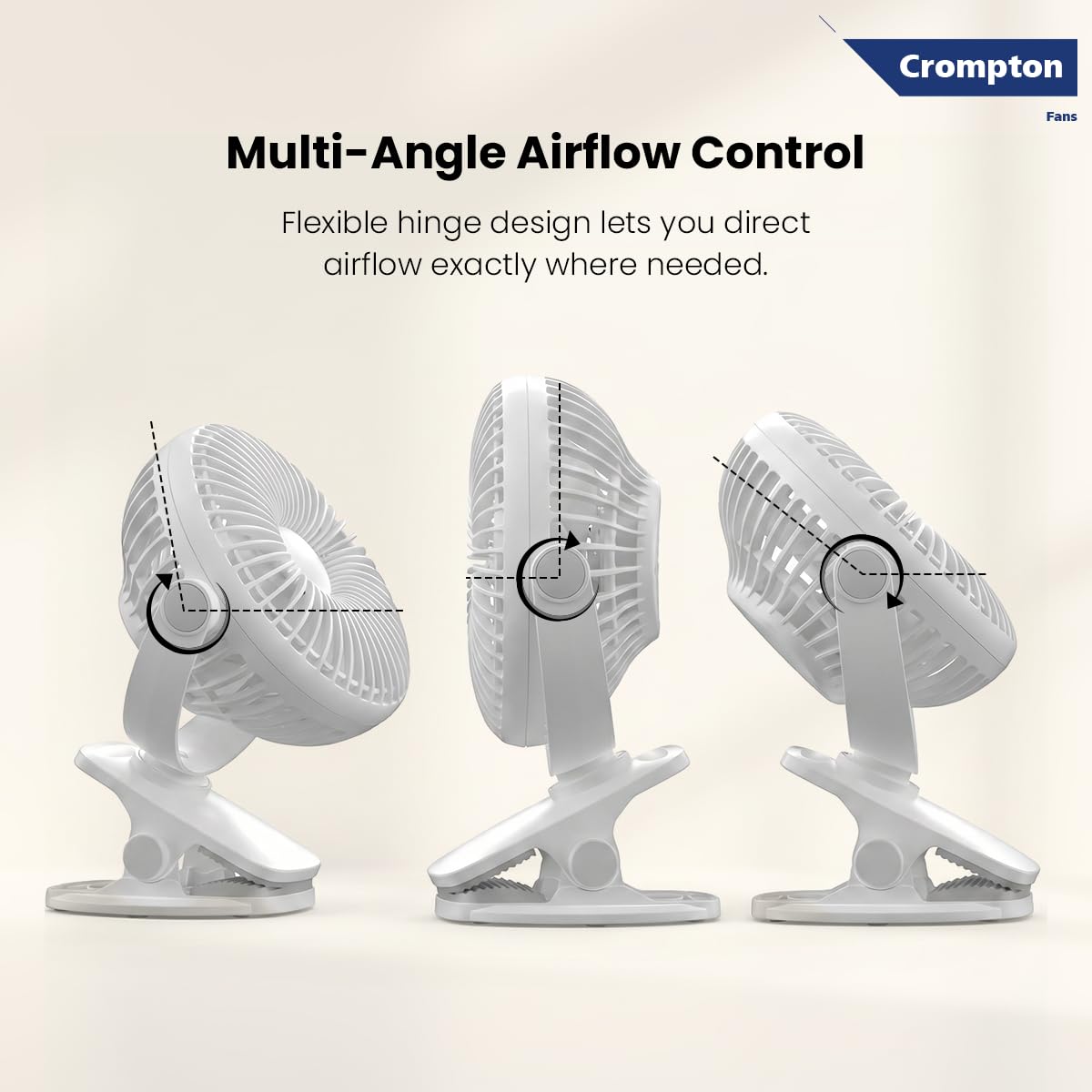 Crompton fan with multi-angle airflow control on a beige background