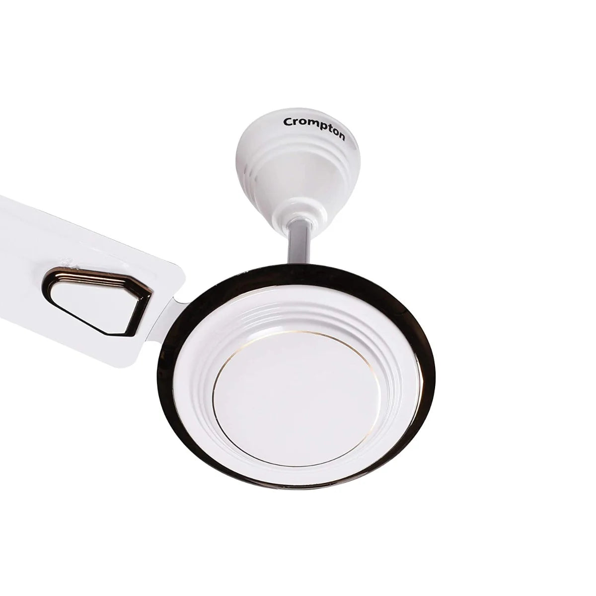 Ceiling fan with white and black design on a white background