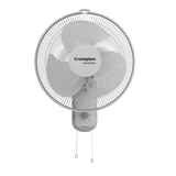 A white Crompton high-speed torpedo wall fan with ABS blades, pull string control, and a wide base for stability.