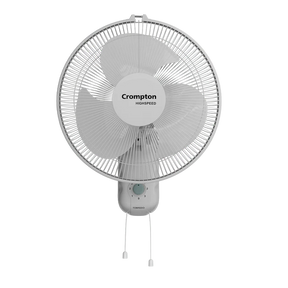 A white Crompton high-speed torpedo wall fan with ABS blades, pull string control, and a wide base for stability.