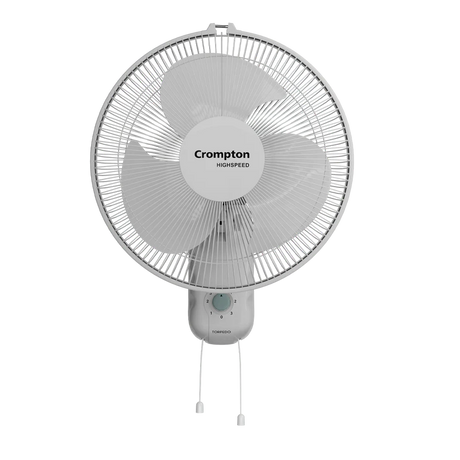 A white Crompton high-speed torpedo wall fan with ABS blades, pull string control, and a wide base for stability.