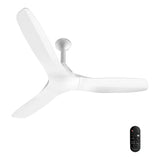 A modern three-blade ceiling fan in white with a matching remote control, shown against a solid white background.