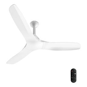 A modern three-blade ceiling fan in white with a matching remote control, shown against a solid white background.
