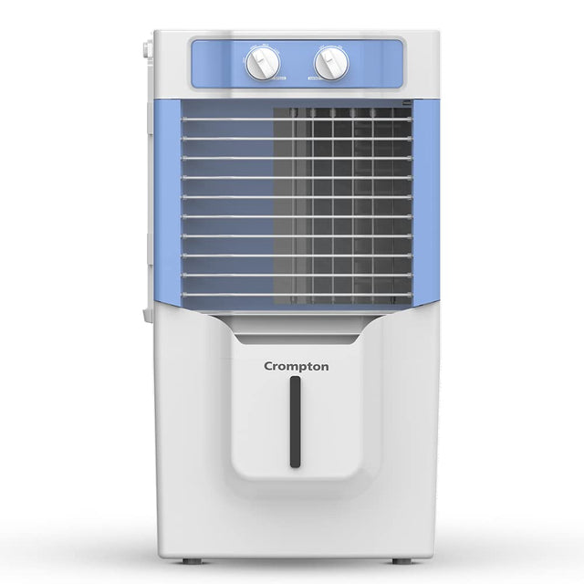 Crompton Ginie Neo 10 litre personal air cooler with light blue and white color, front grille, control knobs, and brand logo.
