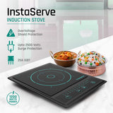 Induction stove with food on a kitchen counter, featuring InstaServe branding.