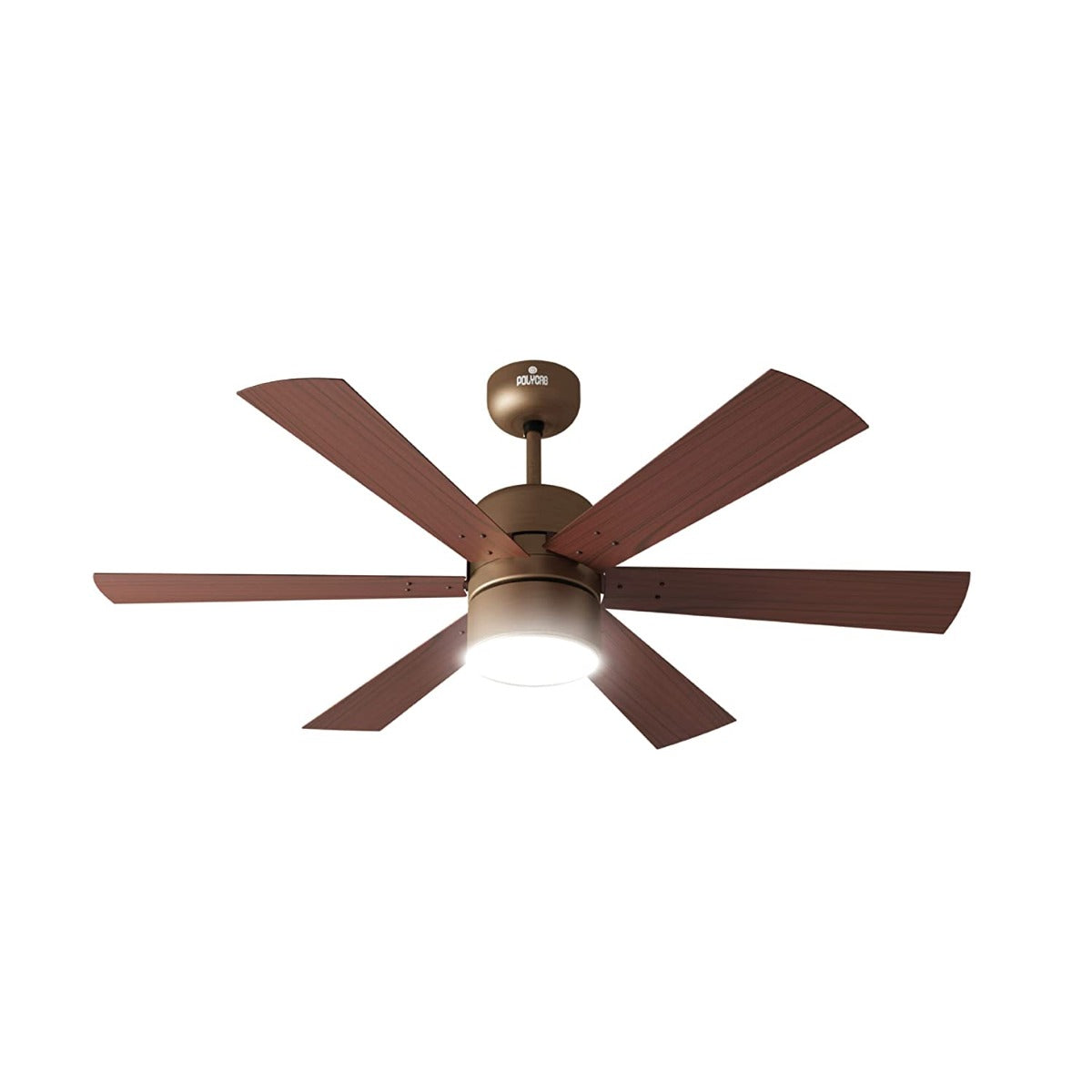 A Polycab Divina Super Premium ceiling fan with a antique rosewood finish, featuring four blades and a central motor unit.