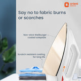 White iron with text about fabric care and Orient Electric branding