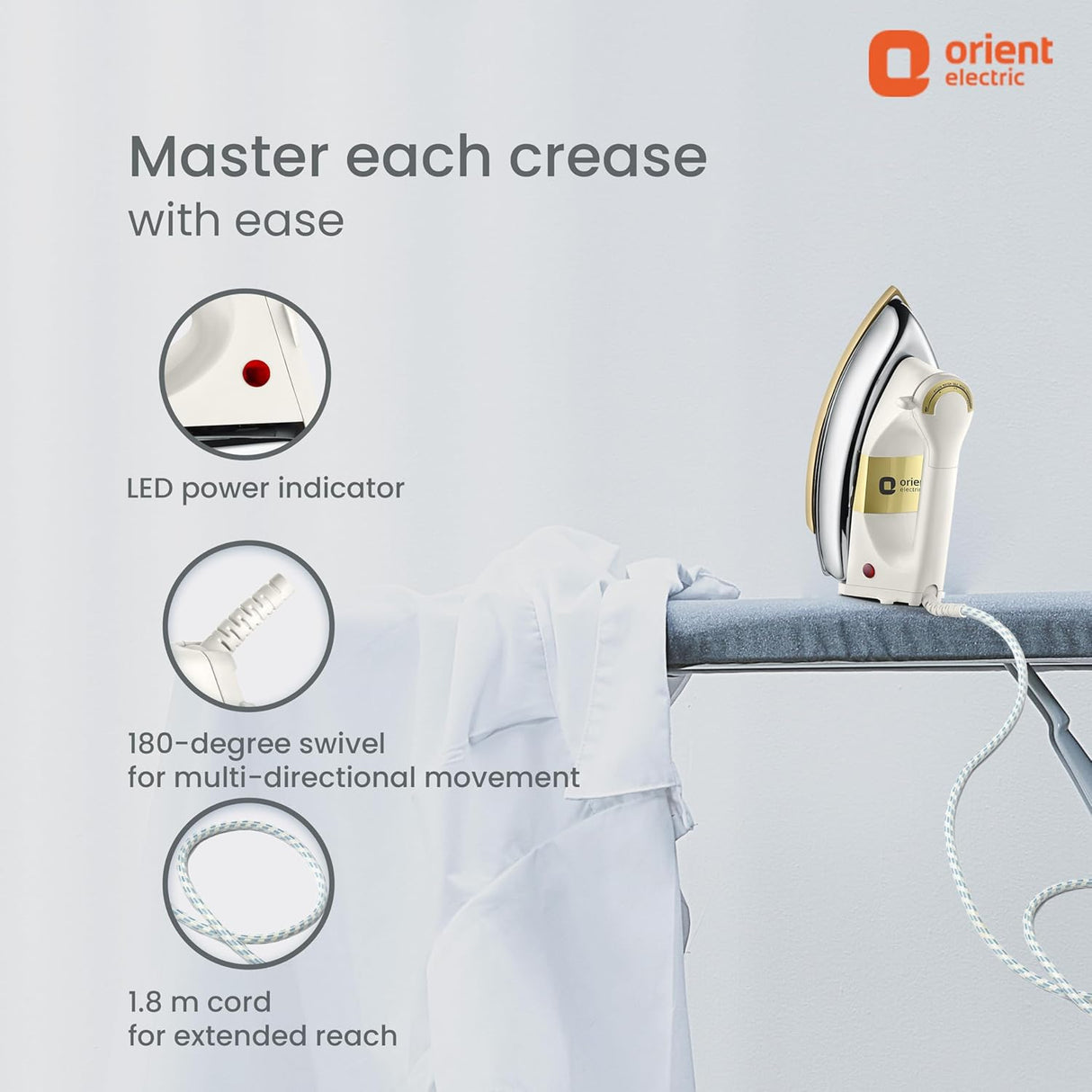 Orient Electric iron with features highlighted on a light gray background
