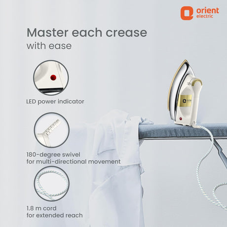 Orient Electric iron with features highlighted on a light gray background