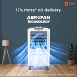 Air cooler with Aerofan Technology on a dark blue wall background, featuring Orient Electric logo.