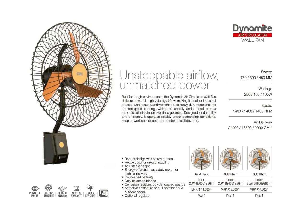 GM Dynamite Air circulator Wall Fan | Gold Black