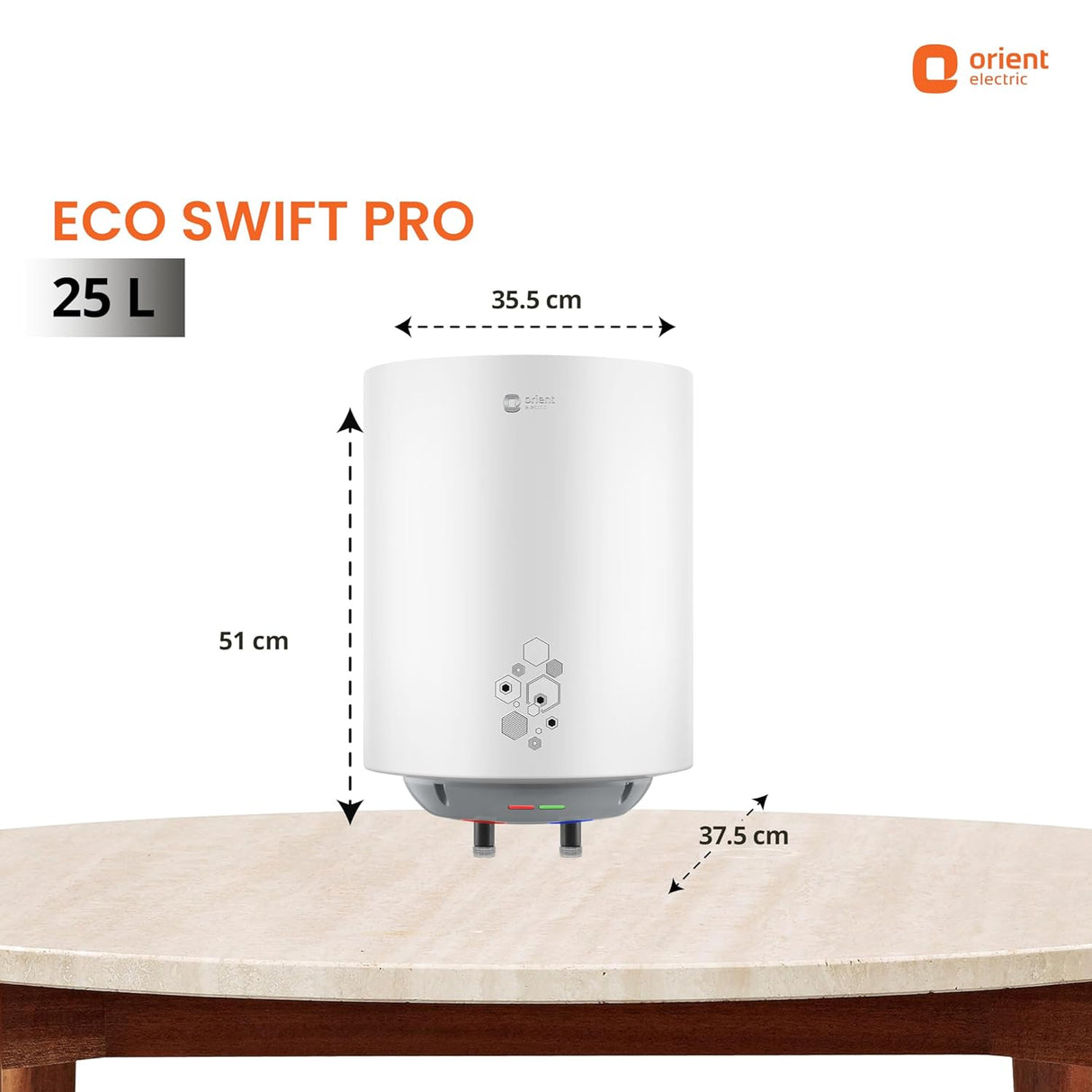 Orient Electric Eco Swift Pro water heater with dimensions on a table
