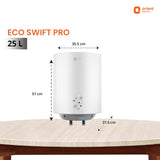 Orient Electric Eco Swift Pro water heater with dimensions on a table
