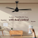 Ceiling fan with dual control features, including a remote and regulator, in a room setting.