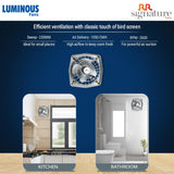 Luminous Fans product with features and usage scenarios in kitchen and bathroom on a blue background.