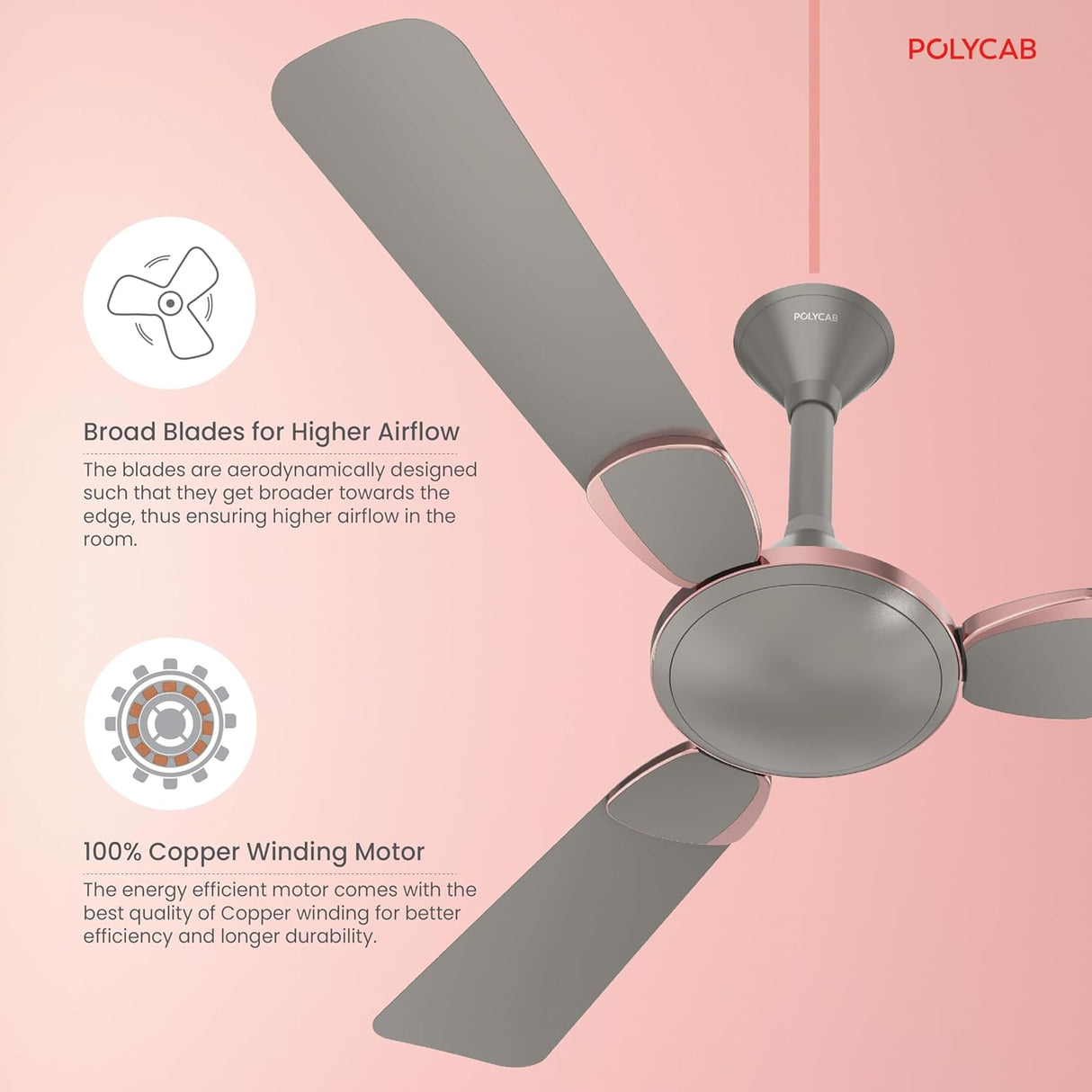 Polycab Aeroglam 1200 mm 1 Star Ceiling Fan (Ash Grey)