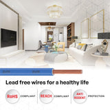 Modern living room with a cable labeled 'Lead free wires for a healthy life' and compliance certifications.