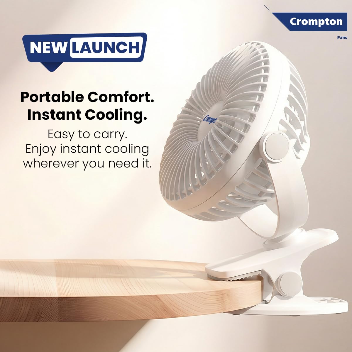 Crompton personal fan with a woman using it in a home setting, featuring brand logos and product features.