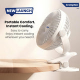 Crompton personal fan with a woman using it in a home setting, featuring brand logos and product features.
