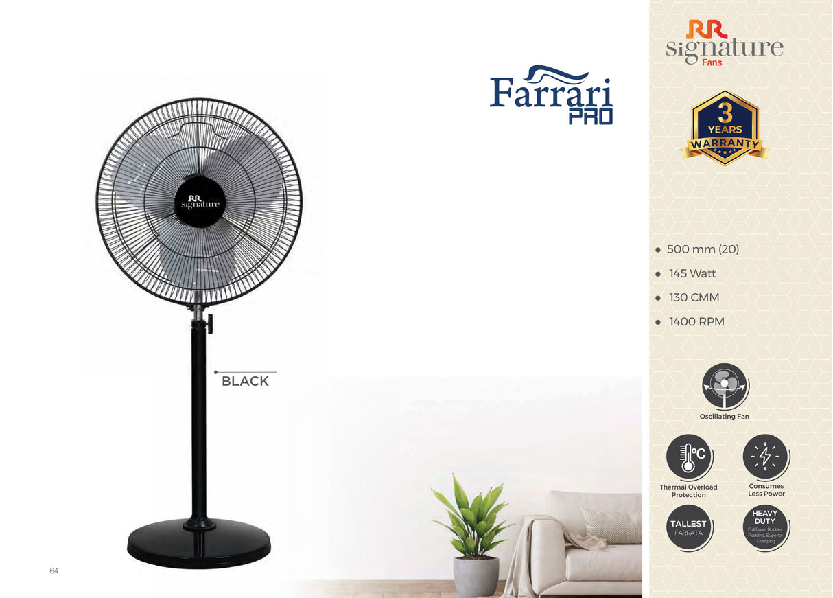 Black standing fan with Ferrari Pro branding and product details on a white background