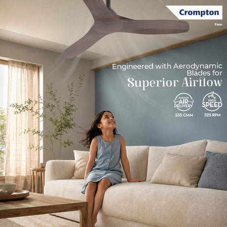 this ceiling fan is engineered with aerodynamic blades for superior airlow which has air delivery 235 CMM and high speed 325 RPM 
