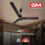 Ceiling fan in a room with bookshelves and GM and Aero360 branding.
