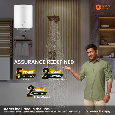 Advertisement for Orient Electric water heater with a man pointing to showerhead and warranty information.