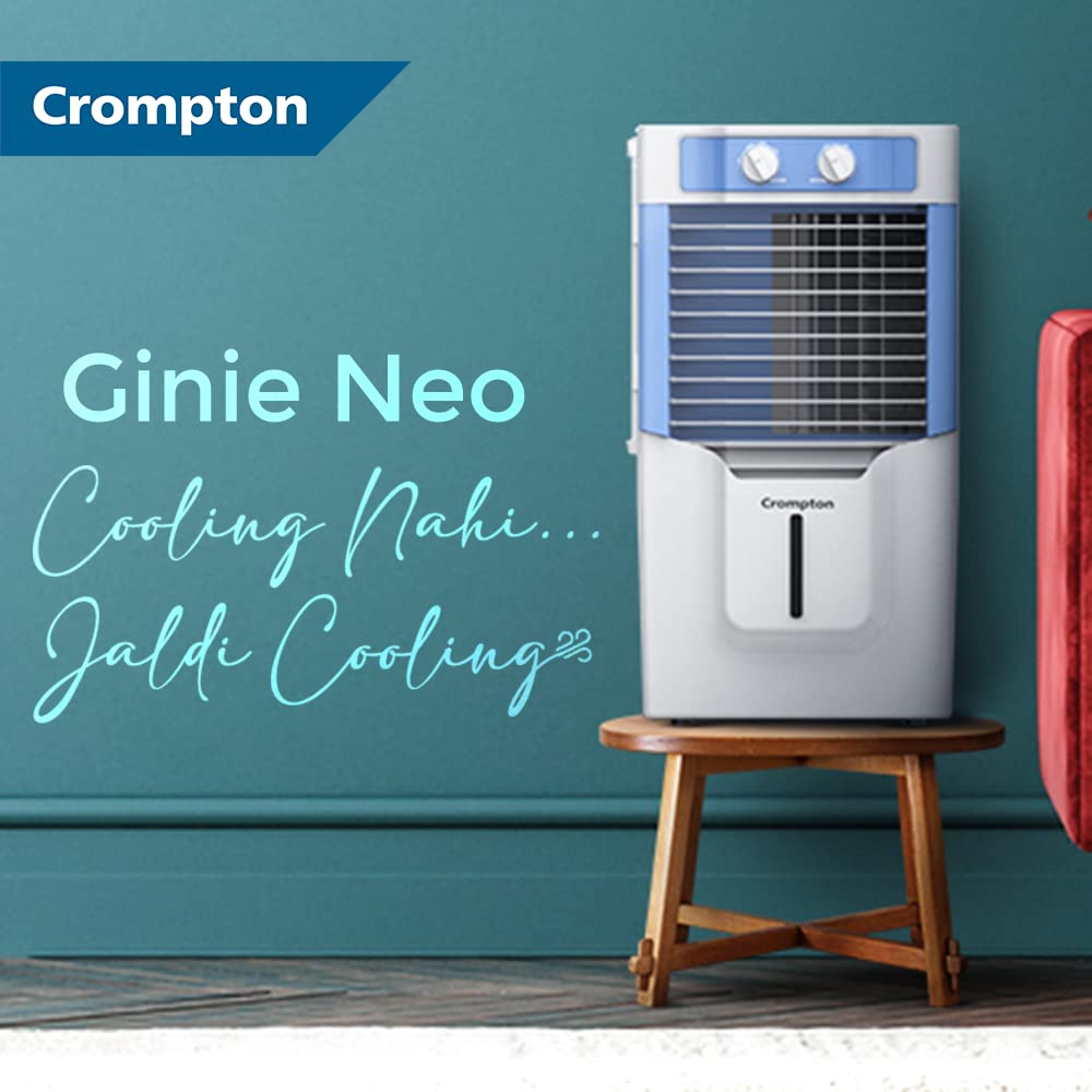 A crompton cooler Ginie Neo has blue background put on table and has a tagline of Cooling Nahi , Jaldi Cooling