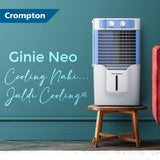 A crompton cooler Ginie Neo has blue background put on table and has a tagline of Cooling Nahi , Jaldi Cooling